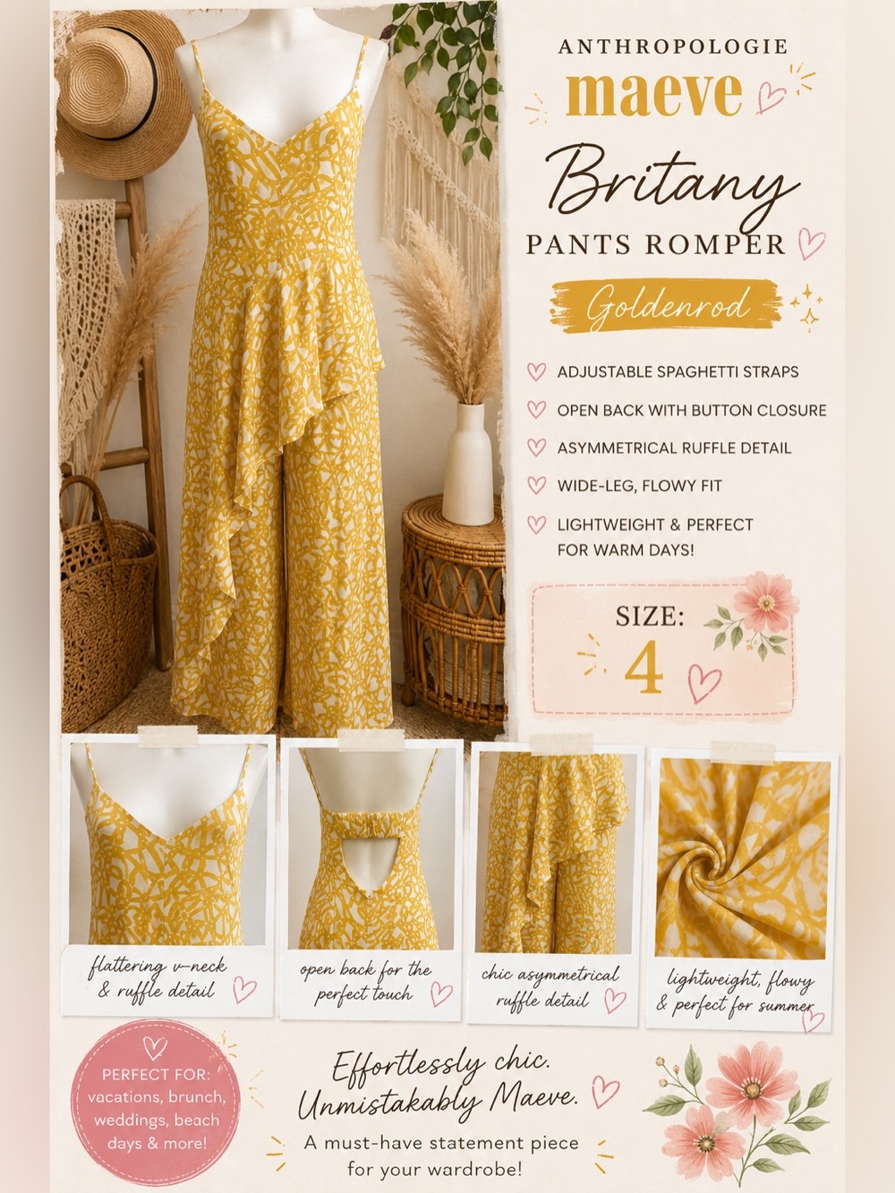 Anthropologie Maeve Britany Goldenrod Floral Print Pants Romper